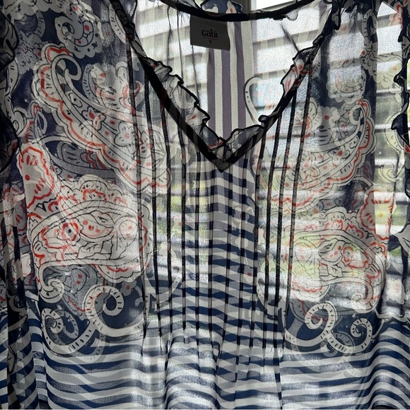 Cabi #5349 Navy Floral Paisley Peplum Striped Sheer Ruffle Pleated Top Sz S Boho - Picture 4 of 9